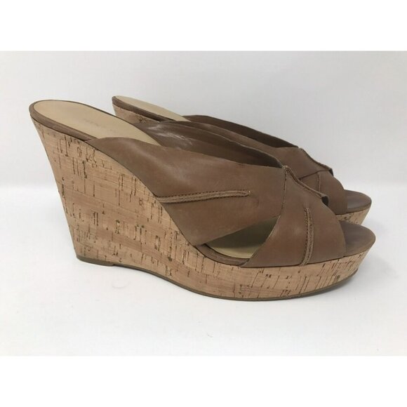 Nine West 'Likemer' Tan Leather Slip-On Wedge Sandal Women Size 10 - Picture 1 of 7